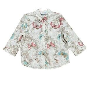 Womens PETITE Alfred Dunner Butterfly Blouse Floral Artsy Button Up Shirt Sz 16P